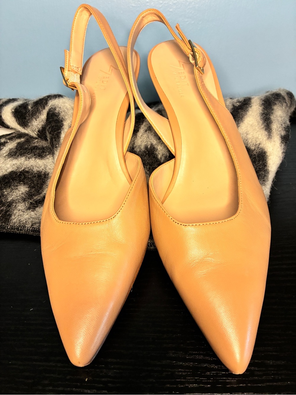 Felicias Tan Leather Slingback Heels with Gold Buckle